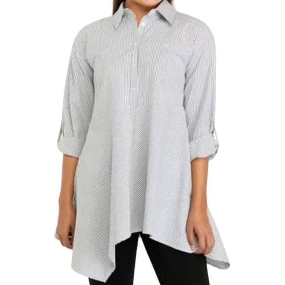 Lagenlook Cupio Asymmetrical Hem Navy Striped Cuff Sleeve Tunic Top - Picture 1 of 14